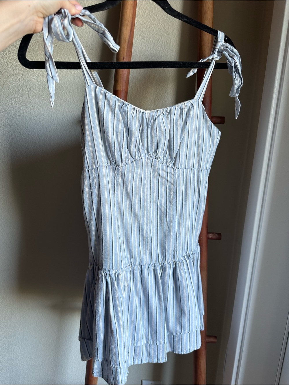 Striped Tie-Shoulder Mini Dress in Light Blue